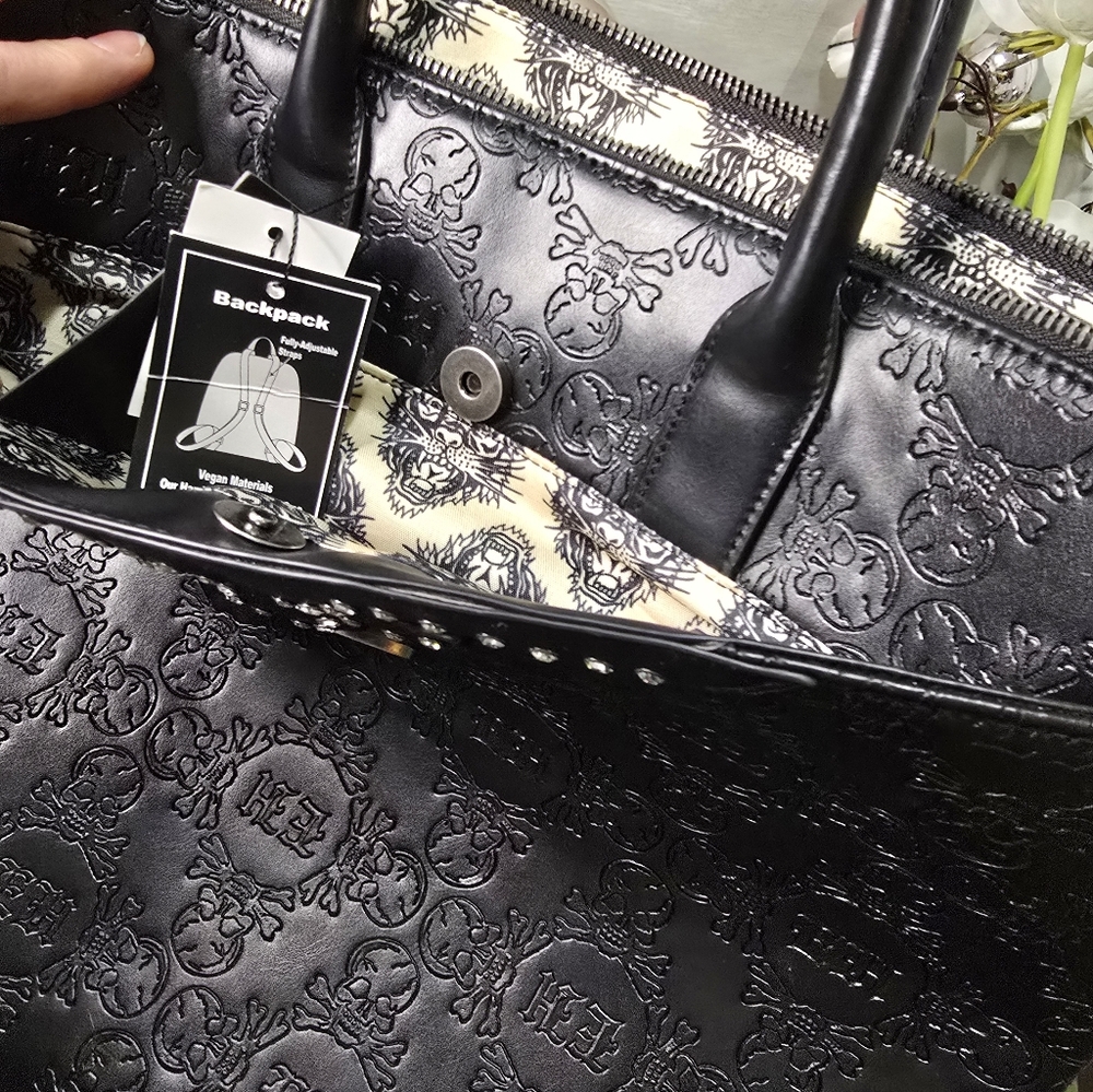"Ed Hardy"" Black(skull and initial embossed) Faux Leather, Backpack, Tote.new - Picture 6 of 10
